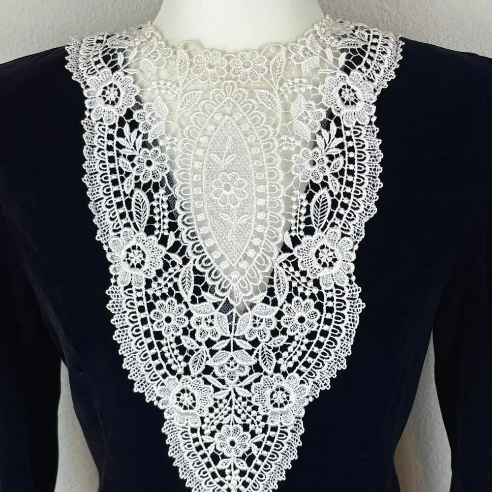 VTG Velvet Dress 10 Lace Neck Victorian Whimsygoth Edwardian McClintock 90s